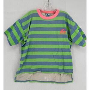 Quiksilver Vintage Mens Bright Green Blue Striped Crew T Shirt Sz S